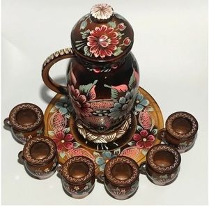 STUNNING EXTREMELY RARE Hand Crafted Painted UKRAINIAN Wood Glazed Beverage Set